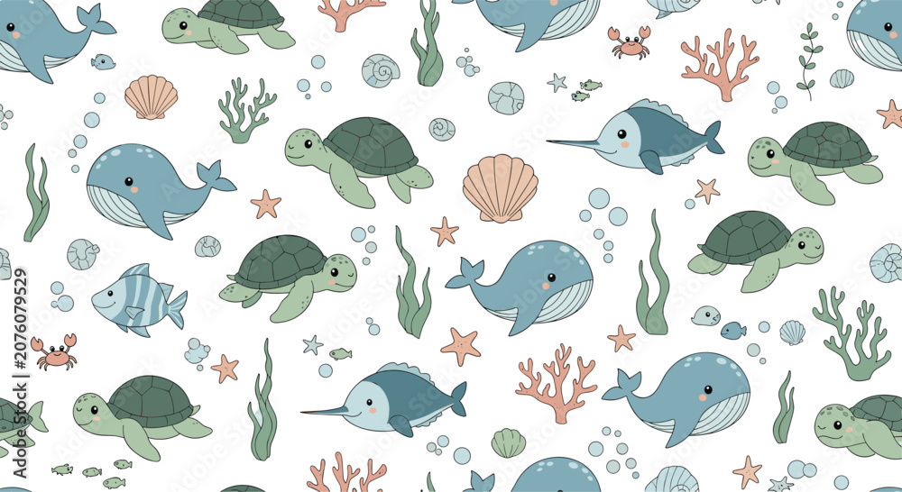 Fototapeta premium Detailed seamless pattern showcases various sea creatures including whales, sea turtles, fish, crabs, and corals on white background.