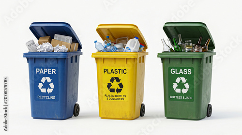 Foto Set of three colorful waste management recycling bins overflowing with sorted paper plastic and glass trash for disposal