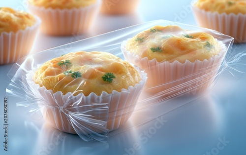 Delicious savory egg muffins with herbs in paper cups on a plate