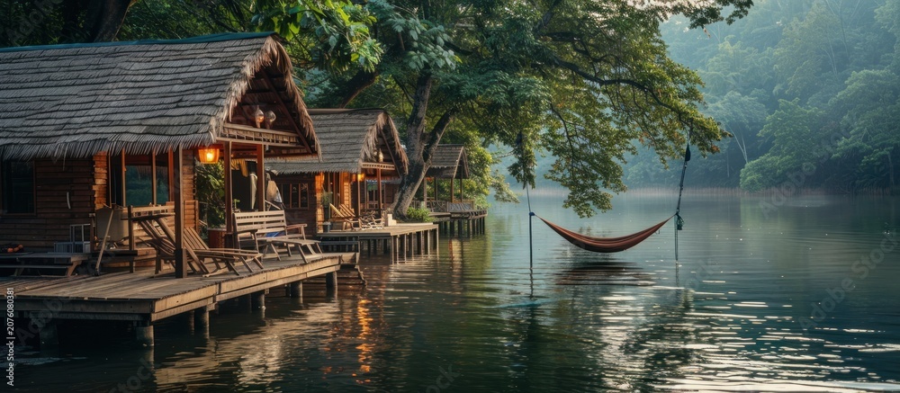 Obraz premium Wooden cabins on stilts over a calm lake with a hammock hanging in the water.