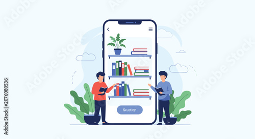 Two students stand next to a giant smartphone displaying a digital library app with shelves full of various books.