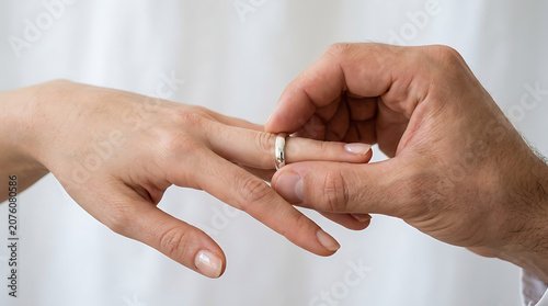 Romantic close-up of a groom's hand gently placing an elegant wedding ring onto his bride's finger during their beautiful ceremony, symbolizing love and lifelong commitment