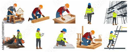 Collection of Diverse Construction Workers and Contractors Performing Various Tasks Flat Vector Illustration