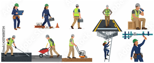 Diverse Collection of Industrial and Construction Workers in Safety Gear Performing Maintenance and Road Work Tasks