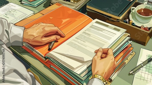 Close-up of hands flipping through a large binder, sitting on a desk with a pile of folders and a cup of coffee.