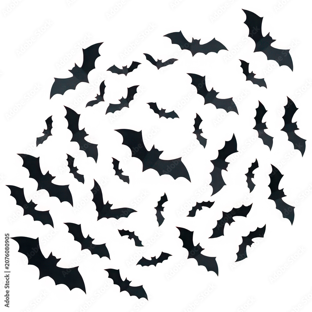 Fototapeta premium Collection of Silhouetted Bats Flying in a Swarm.