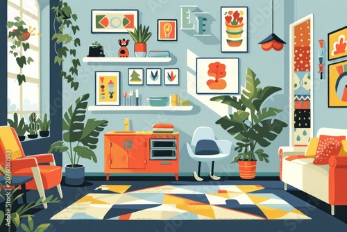A modern living room with a colorful rug, a white couch, an orange armchair, and a  cabinet with plants, paintings and artwork on the walls.