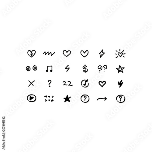 Collection of various doodle style icons on transparent background