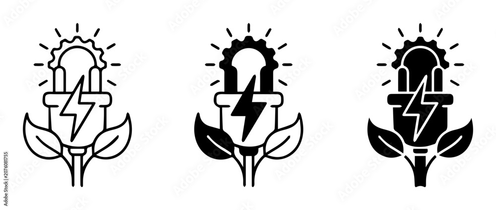 Fototapeta premium Light Bulb, Lightning Bolt, Energy Icons, Vector Graphics, Black and White