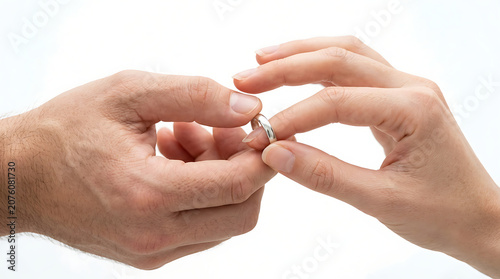Close-up shot of a man placing a wedding ring on a woman finger as a symbol of commitment and eternal love during an engagement or marriage ceremony
