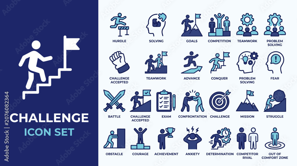 Fototapeta premium Challenge icon set with goals, obstacles, competition, hurdle, issue, overcome, resolve, rivalry, success, problem solving symbols. clean vector icons for apps, web, business design.