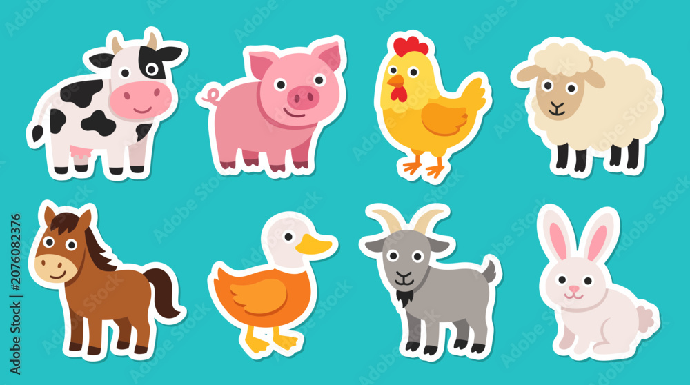 Obraz premium Colorful vector illustration featuring a collection of cute farm animal stickers including a cow pig chicken sheep horse duck goat