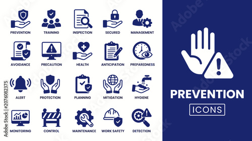 Quadro su tela Prevention icon set of safety, policy, health, intervention, security, awareness, alert, and more