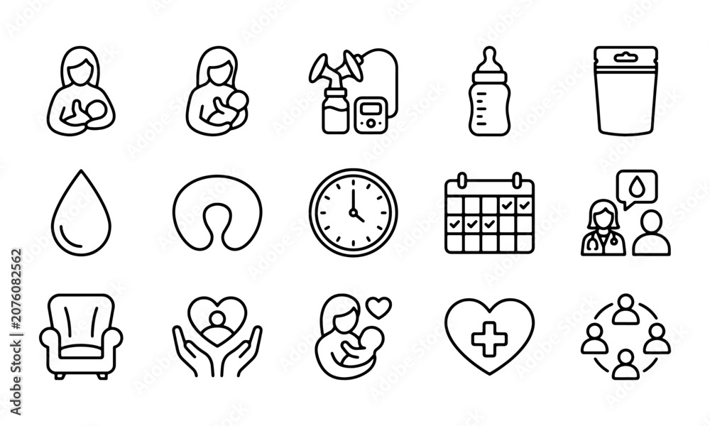 Fototapeta premium Breastfeeding line icon set with breast pump nursing pillow lactation schedule for feeding app