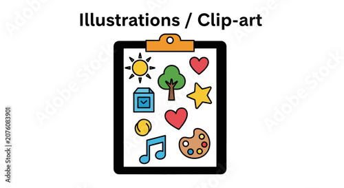 Colorful Clip Art Icons on Clipboard.