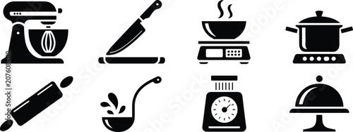 Professional kitchen equipment and cooking utensil silhouettes including mixer, knife, pot, ladle, rolling pin, scale, and cloche for culinary design and restaurant branding