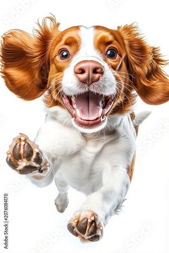 A brown and white dog jumping in the air with its mouth open