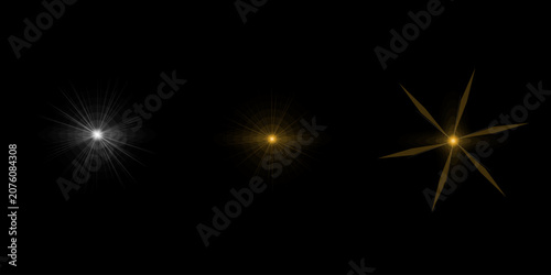 Cuadro en lienzo Group of shiny star light effects and glowing lens flares isolated on black background for creative digital graphic design assets