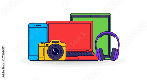 Colorful devices and camera illustration.