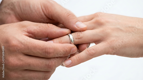 Groom placing a silver wedding ring onto a bride's finger during a marriage ceremony, representing love and commitment