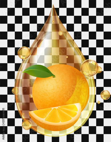 Natural Orange Peel Oil Serum glossy transparent golden oil droplet containing a whole orange cosmetic serum and skincare product packaging