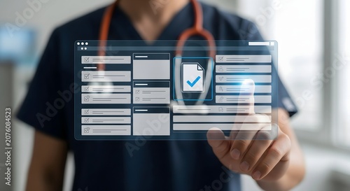 A healthcare professional using a digital interface to manage patient data records
