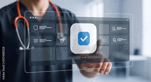 A healthcare professional interacting with a digital interface showing a medical checkmark approval.