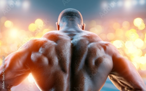 Muscular Man Showering with Soap Bubbles after Workout in Gym