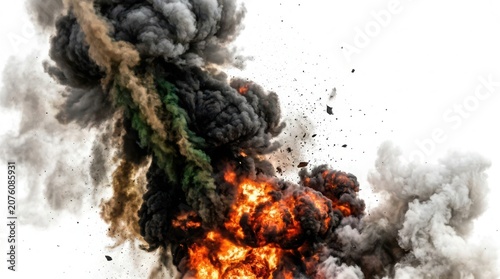 Large explosion with bright orange fire and thick dark black smoke rising up