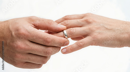 A close-up shot of a groom's hand delicately sliding a shining wedding ring onto the bride's finger during their heartfelt marriage ceremony, symbolizing eternal love and commitment