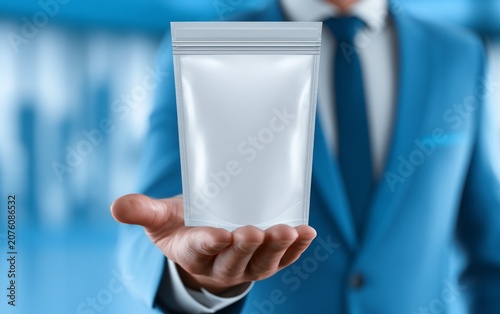 Businessman holding blank white plastic bag in modern office setting