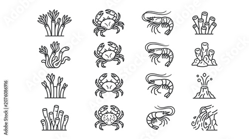 Tableau sur toile Seafood icons including crustaceans and seaweed.