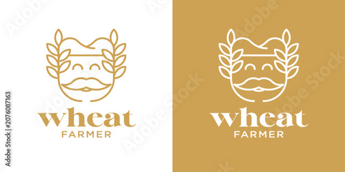 Minimal Wheat Farmer Logo with Wheat Ear and Mustache Line Art Vector Icon for Organic Agriculture Brand Identity