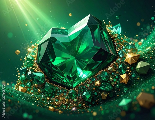 Luxury Emerald Gemstone with Golden Glitter on Dark Green Fantasy Background