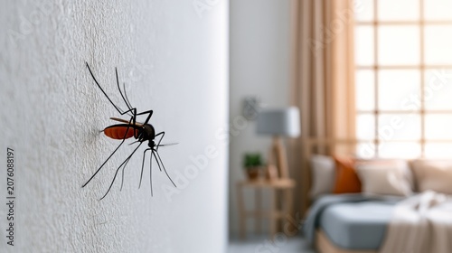Mosquito on wall in a modern bedroom during daytime near a window with soft light