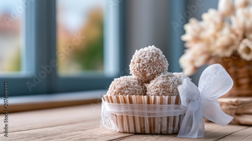 Basket of Fresh Coconut Macaroons on Wooden Surface Near Window