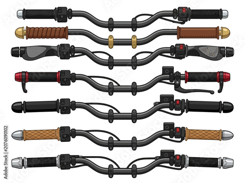 Fotografie A collection of motorcycle handlebars with various grips and designs are displayed on a white background