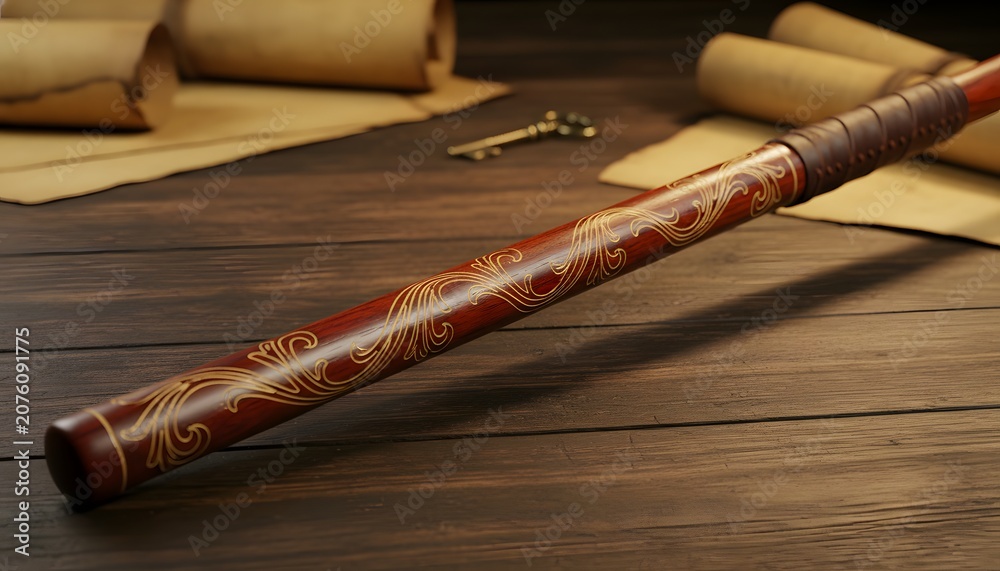 Obraz premium Ornate wooden handle of a magical broomstick on a dark scholar desk with ancient paper scrolls and keys, a fantasy wizardry concept for anniversary celebrations in July
