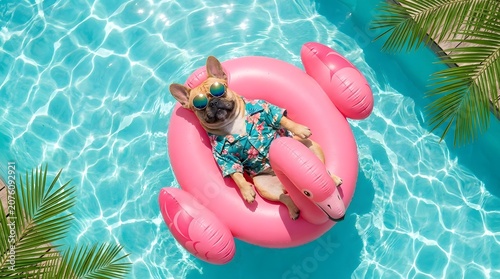 Funny french bulldog wearing sunglasses floating on inflatable flamingo in swimming pool