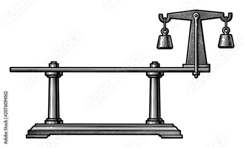 Tableau sur toile A vintage-style black and white engraving of a mechanical weighing scale with tw