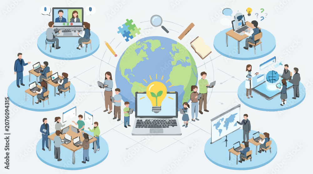 Naklejka premium Online and blended learning globally with technology and collaboration