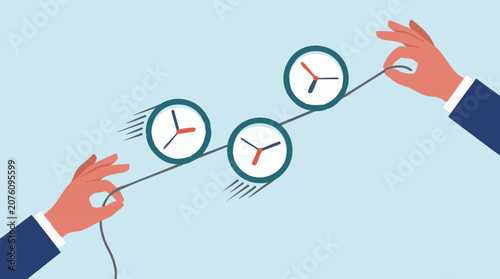 Photography Time management concept with business hands speeding up clocks on a string