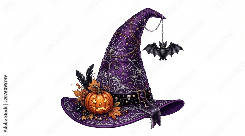 Fototapeta premium Glittery purple witch hat with pumpkin and bats