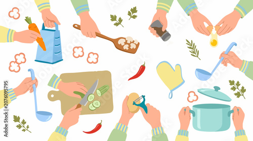 Картината върху платно Cooking process with hands, kitchen utensils, and fresh ingredients
