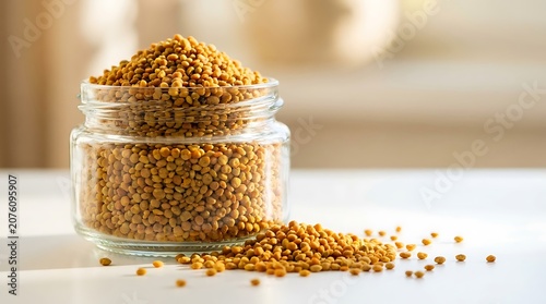 Glass jar filled with healthy bee pollen grains