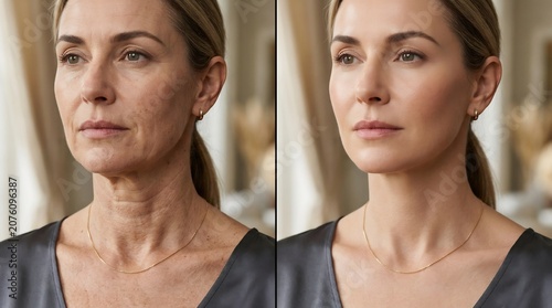 Split screen comparison of mature woman's skin showing anti-aging results with smooth complexion and reduced wrinkles