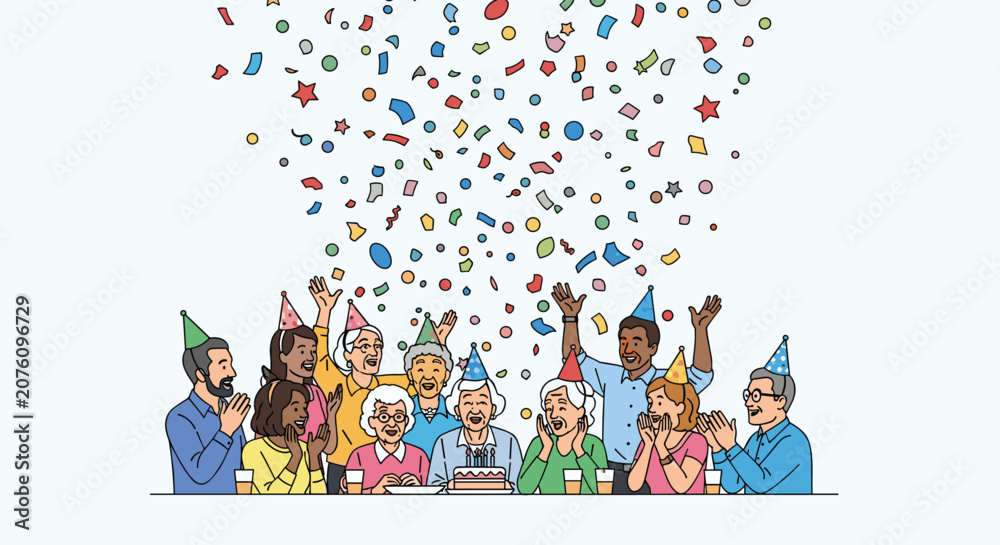Fototapeta premium Senior citizens have fun celebrating a birthday with a cake and colorful confetti falling around them in a bright room.