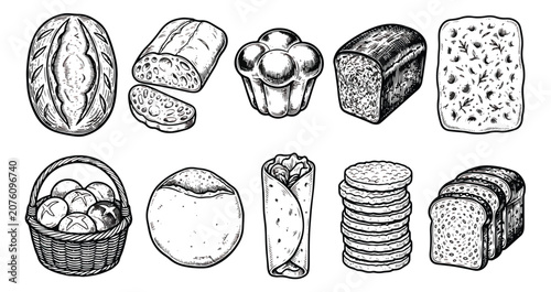 Foto Vintage hand drawn bread collection, 10 bakery product vector icons, rustic engr