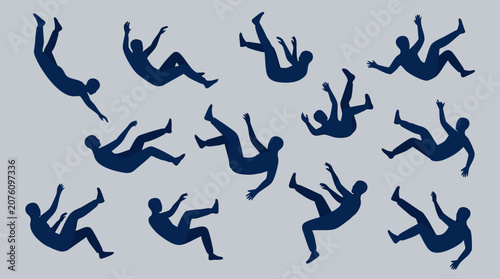 Abstract illustration of multiple falling human figures in various positions