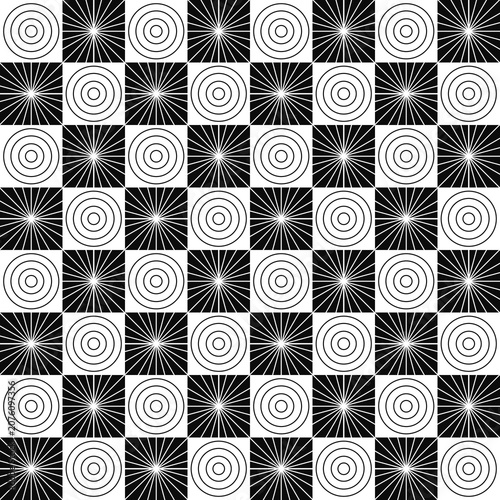 White and black squares alternating; in the white squares there are black circles, while in the black squares there are white lines. Pattern, print, artwork, cover, wallpaper, design.
